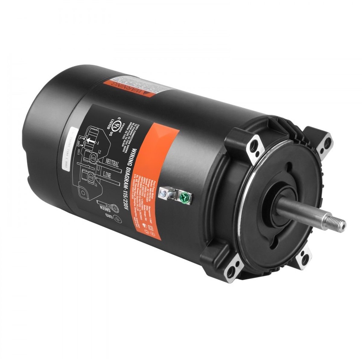 Zwembadpompmotor - 56J Frame - Vermogen 1 pk (0,75 kW) - Spanning 115/230 V - Toerental 3450 omw/min - Linksom Draaiend - Ronde Flens - Vervangingsmotor