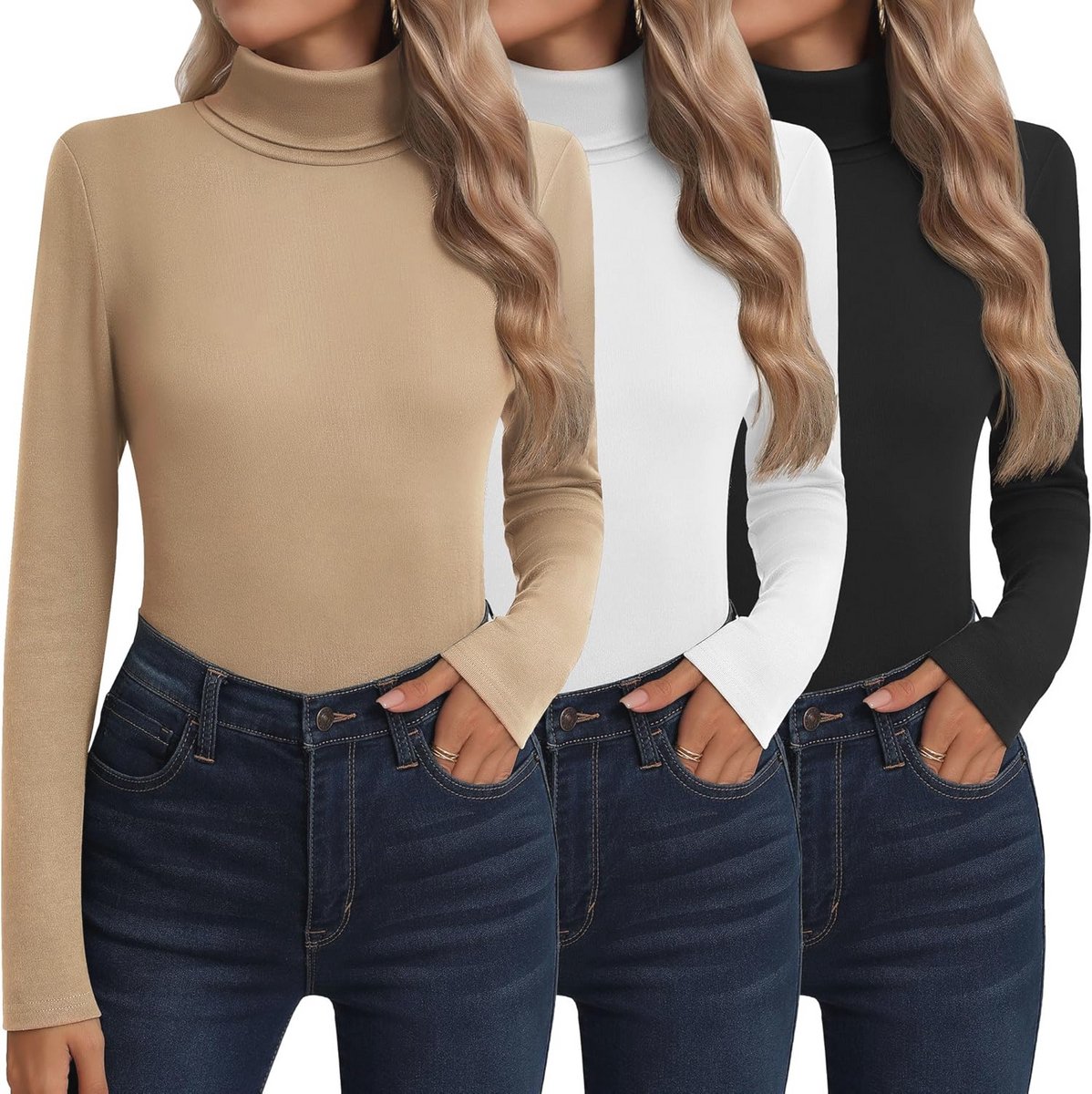 3-Pack Dames Katoenen Coltruien met Lange Mouwen voor Herfst en Winter