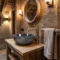 Baignoire en marbre avec robinet en laiton dans une salle de bain rustique en bois.
