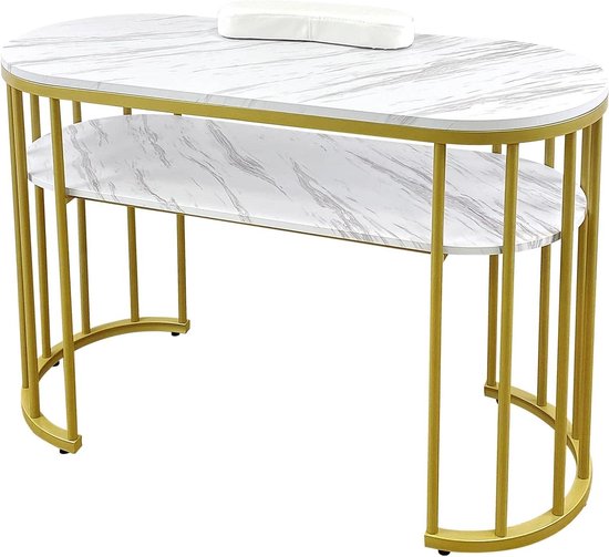 Allecta - Manicuretafel met wit nagelhandkussen en marmeren textuur voor nagelstylist en nail tech thuis spa salon