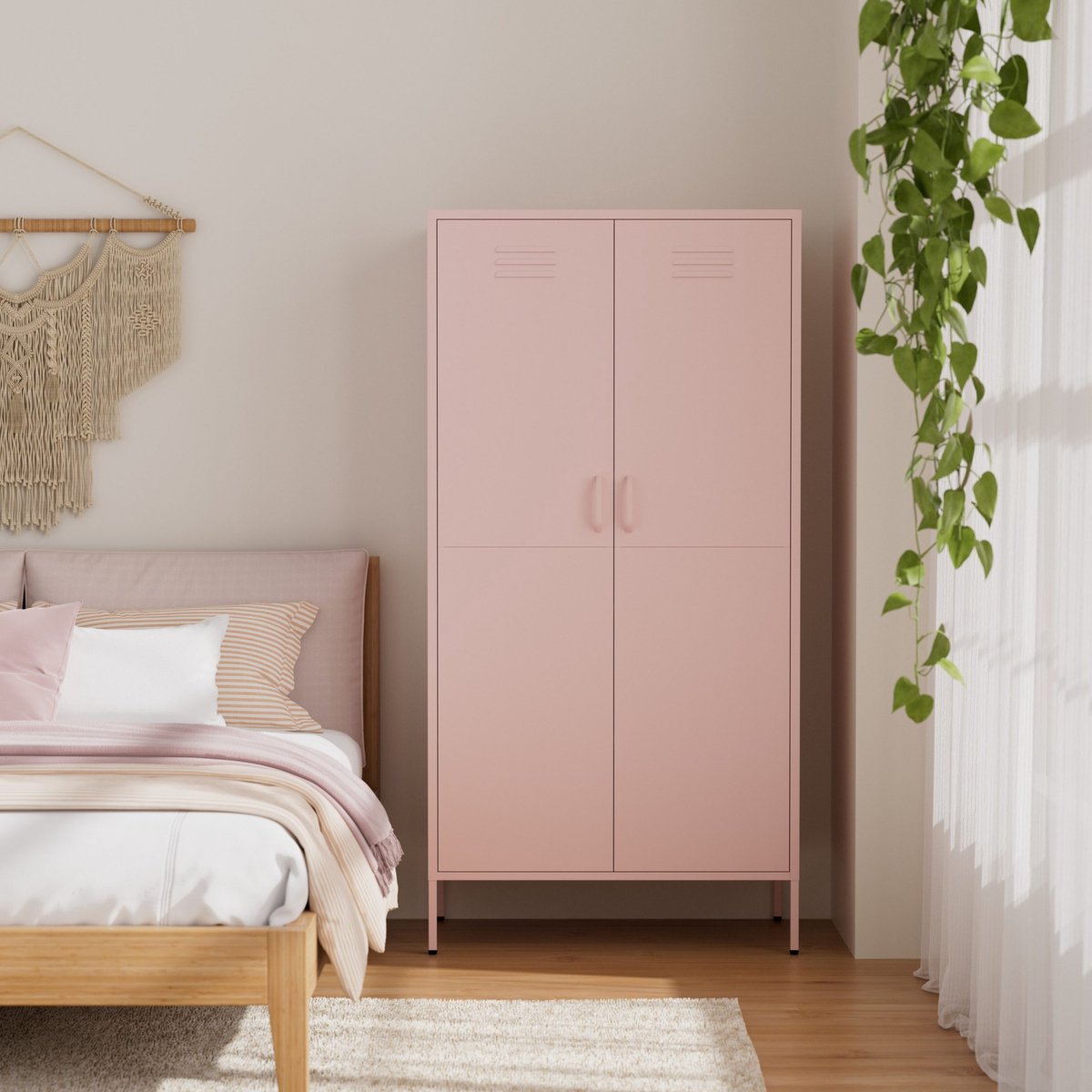 Lendo Online Lockerkast - Kledingkast - Kast met hanggedeelte - Opbergkast - Industriële kast met verstelbare planken - Archiefkast - Kantoorkast - Kluisje - 90x50x180 cm (LxBxH) - Gepoedercoat staal - Metaal - Roze
