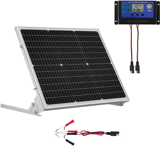 Zonnepaneel Set - Monokristallijn 12V 50W - Met MPPT Laadregelaar - Verstelbare Montagebeugel - IP65 Waterdicht - Voor Auto Boot Camper Aanhanger - Accu Opladen