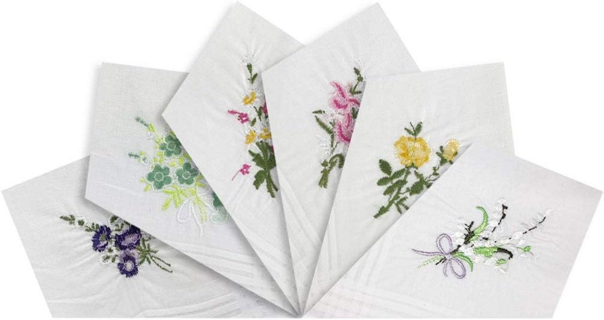 Pack van 6 Witte Zakdoeken met Bloemen Borduurwerk en Satijnen Randen | 100% Katoen | 29 x 29 cm