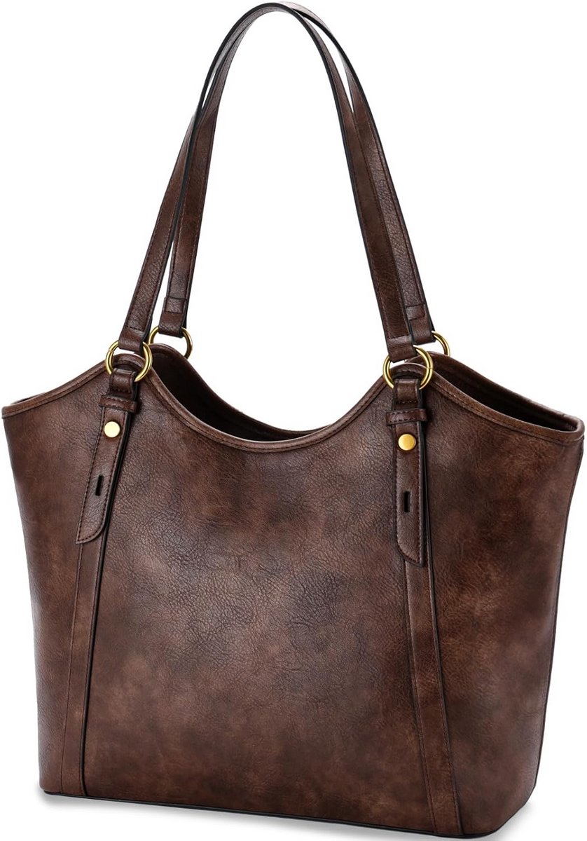 Leren Schoudertas voor Vrouwen - Vintage Tote Bag voor Universiteit en Werk - Lichtgewicht Laptop Tas tot 15.6 Inch