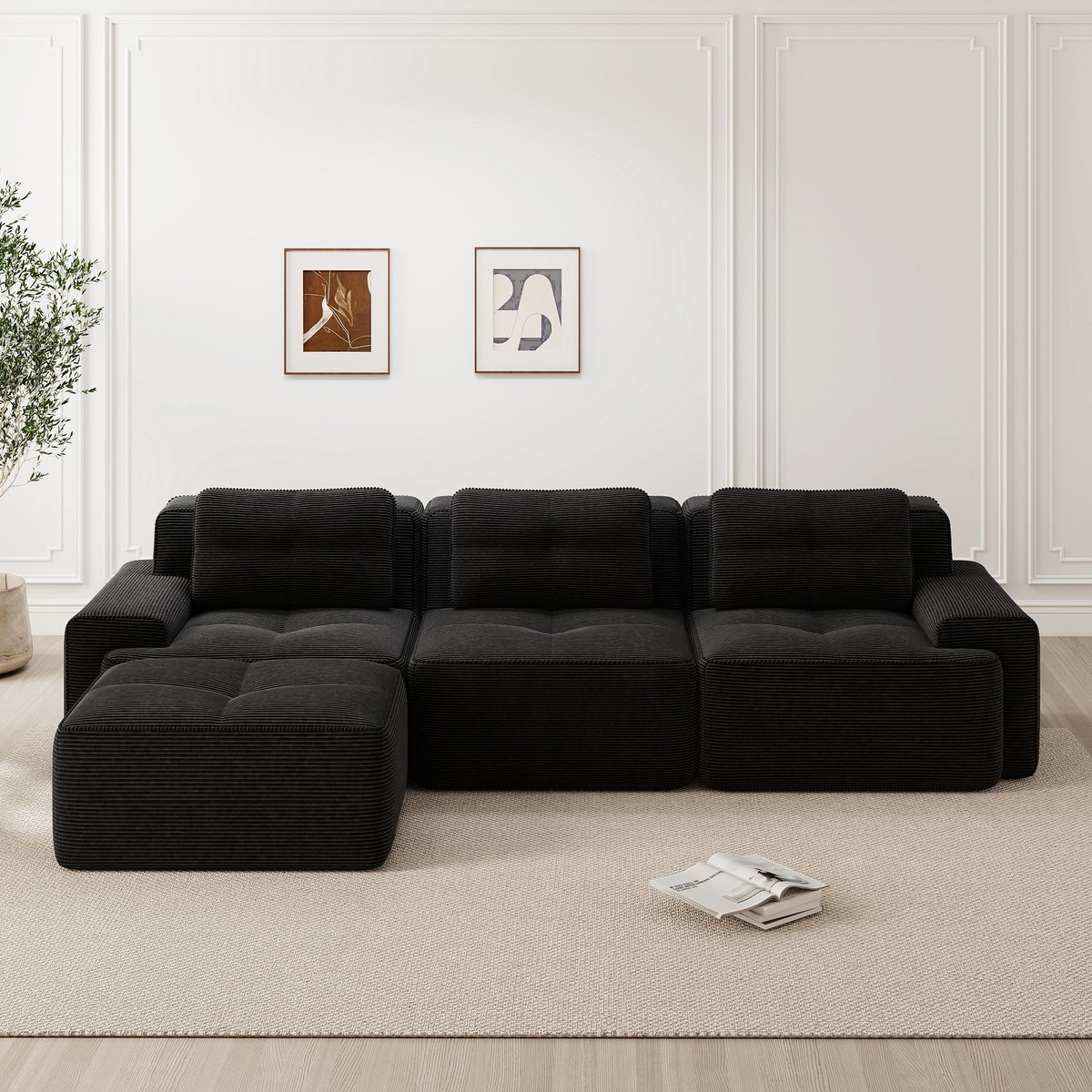 Merax L-vormige 3-zitsbank - modulaire bank met voetenbank - corduroy Cloud bank - voor de woonkamer - kant-en-klare bank - zwart