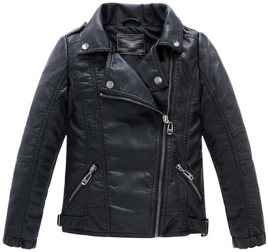 Zwart PU-lederen kinder bikerjack met asymmetrische ritssluiting en metalen details.