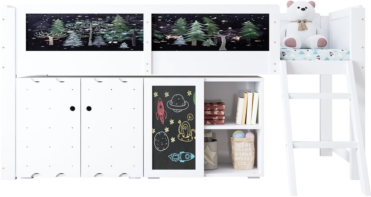 Merax Hoogslaper 90x200 cm - Kinderbed met opbergkast met dubbele deuren - Krijtbord om te tekenen - Veilige schuine ladder met 2 treden - Veiligheidshek - Wit en zwart - Houten lattenbodem - Zonder matras