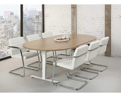 Ovale vergadertafel design T-poot Teez 240x120cm bladkleur Halifax Eiken framekleur Wit (RAL9010)
