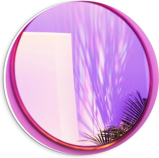 Forex Wandcirkel - Roze Spiegel met Grassen - 20x20cm Foto op Wandcirkel (met ophangsysteem)