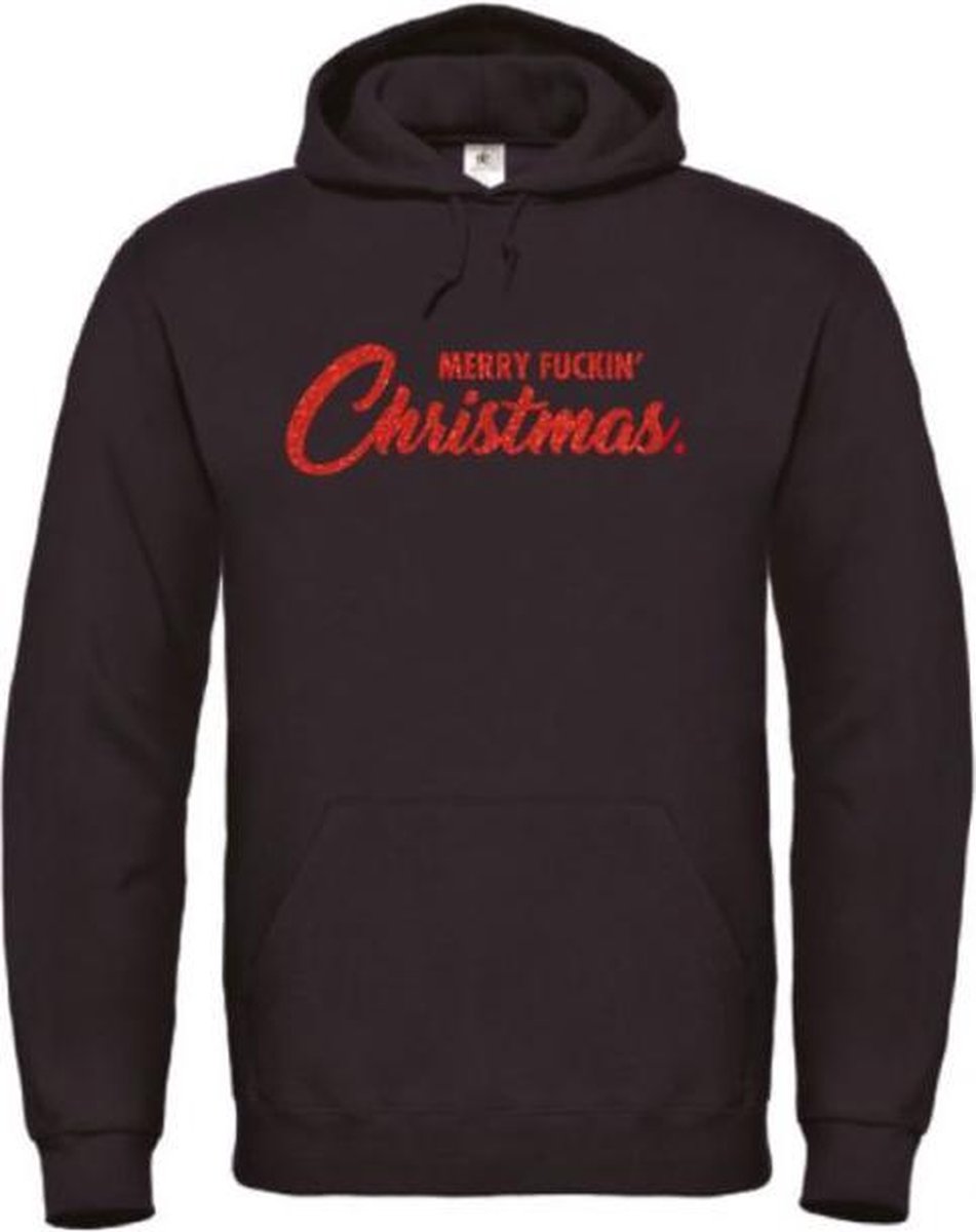 Foute kersttrui hoodie zwart L - Merry fuckin' Christmas - rood glitter - soBAD. | Kersttrui soBAD. | kerstsweaters volwassenen | kerst hoodie volwassenen | Kerst outfit | Foute kerst truien