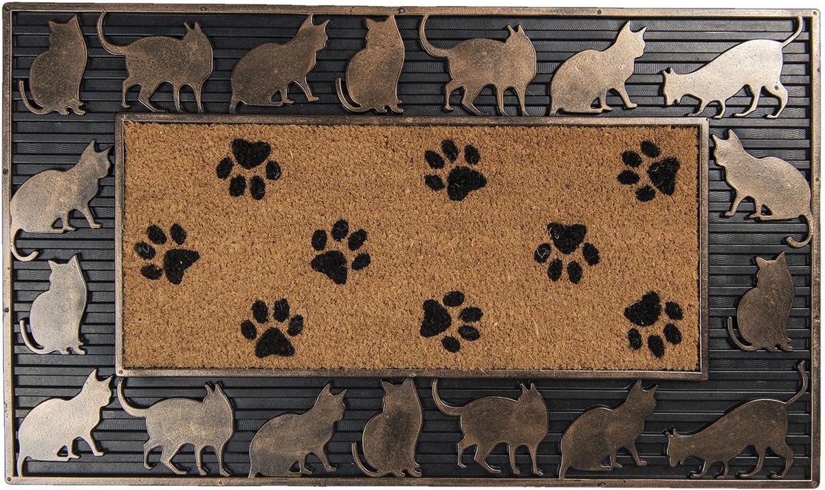 Clayre & Eef Deurmat Binnen 75*45*2 cm Grijs Kunststof Rechthoek Kattenpootjes Droogloopmat