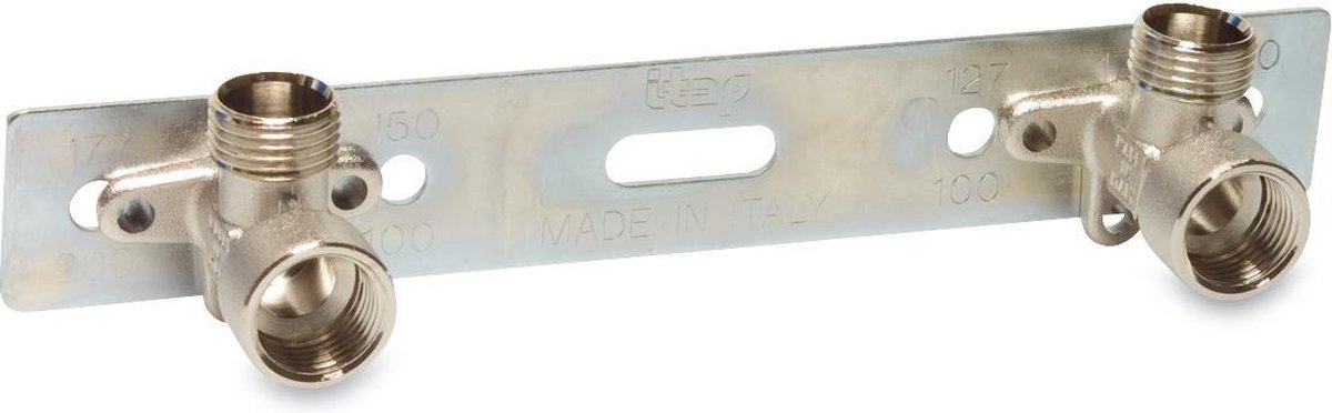 Multi-Fit Dubbele muurplaat 90° messing vernikkeld 1/2" binnendraad x buitendraad 20bar KIWA
