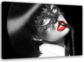 Schilderij , Vrouw met masker , 2 maten , zwart wit rood , wanddecoratie