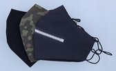 Mondkapje wasbaar - herbruikbaar katoens - 3 stuks - Mannen - Zwart - Camouflage - Rits
