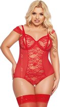 Softline - Dames Lingerie Plus Size - Sexy Bodystocking met Bloemen - Erotisch Setje - Rood - XL