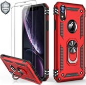 iPhone XR hoesje Schokbestendige ring armor met 2X Glas Screenprotector rood