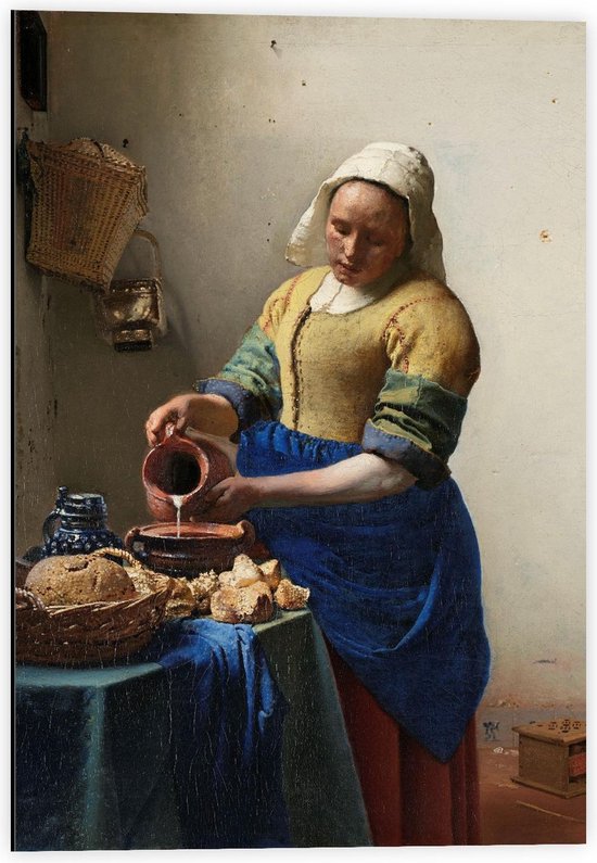 Dibond - Oude meesters - Het melkmeisje, Johannes Vermeer, ca. 1660 - 40x60cm Foto op Aluminium (Wanddecoratie van metaal)