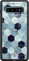 Samsung S10 Plus hoesje glass - Blue cubes | Samsung Galaxy S10+ case | Hardcase backcover zwart