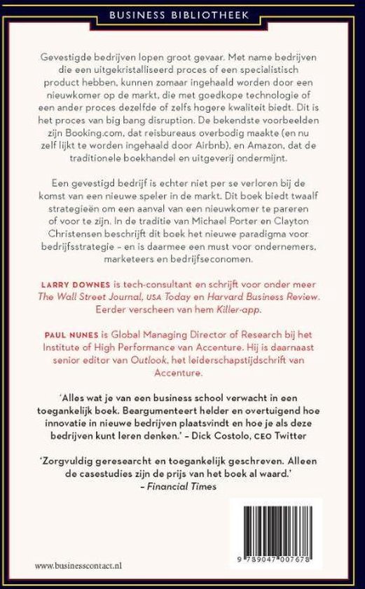 Achterkant van het boek 'Big Bang Disruption' met tekst en een barcode.