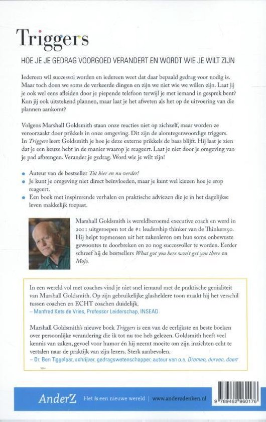 Achterkant van het boek 'Triggers' van Marshall Goldsmith, met een beschrijving van de inhoud, auteursinformatie en de prijs.