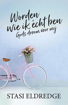 De voorkant van het boek 'Worden wie ik écht ben' met de titel en de naam van de auteur, op een blauwe achtergrond met een roze fiets en bloemen.