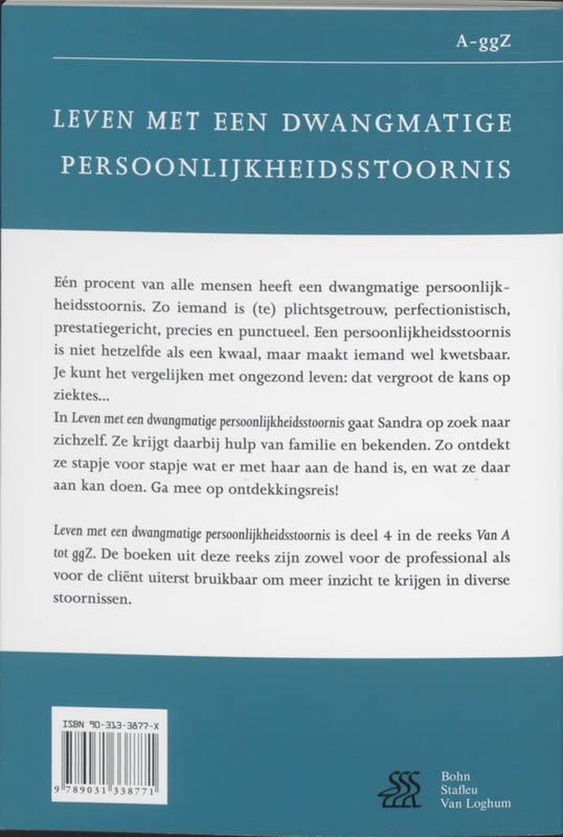 Achterkant van een boek met de titel 'Leven met een dwangmatige persoonlijkheidsstoornis' en tekst.