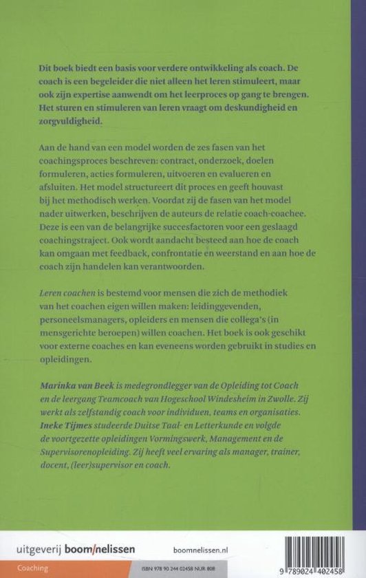 Achterkant van het boek 'Leren coachen' met tekst over de inhoud en auteurs.