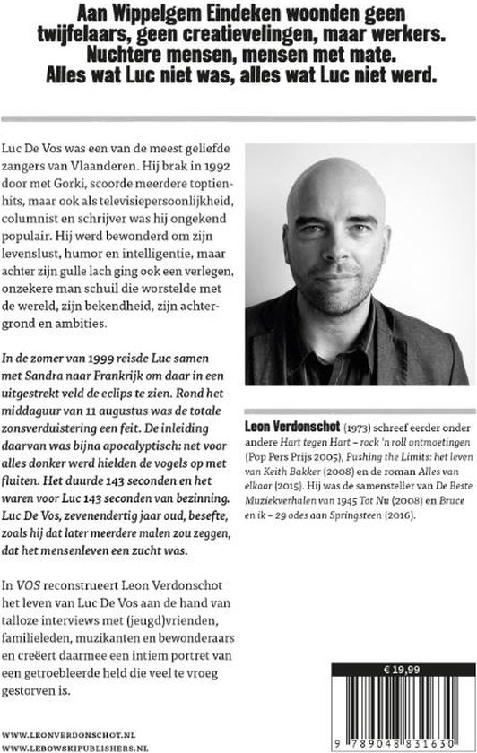 Boek "VOS - Het leven van Luc De Vos" met een portret van Leon Verdonschot op de achterflap.
