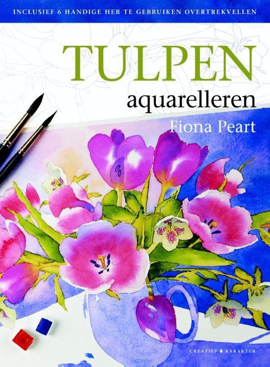 Boek 'Tulpen aquarelleren' met aquarel van roze en paarse tulpen, penseel en verf.
