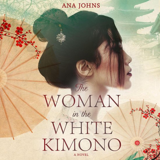 Boekcover met een vrouw in profiel met een witte kimono, omringd door parasols en bloesems. Titel: The Woman in the White Kimono.