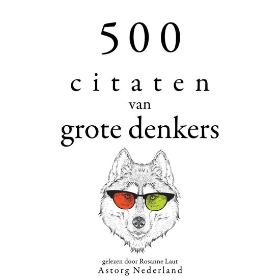 Boekomslag met illustratie van een wolf met zonnebril en tekst '500 citaten van grote denkers'.