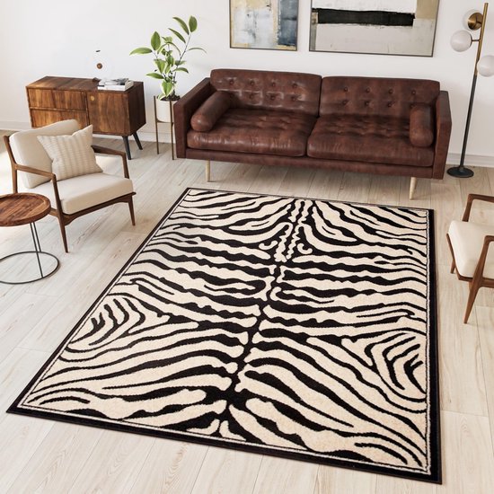 Tapiso Atlas PP Vloerkleed Zwart Beige Zebra Woonkamer Tapijt Maat- 100x200