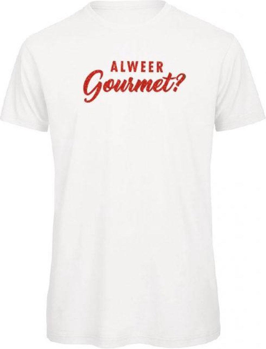 Foute kersttrui t-shirt wit M - Al weer gourmet? - rood glitter - soBAD. | Kerst t-shirt soBAD. | kerst shirts volwassenen | kerst t-shirts volwassenen | Kerst outfit | Foute kerst t-shirts