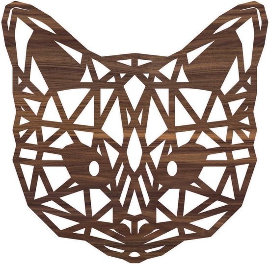 Geometrische Dieren Kat/Poes - Noten hout - L (55x54 cm) - Cadeau - Kinderen - Geschenk - Woon decoratie - Woonkamer - Slaapkamer - Geometrische wanddecoratie - WoodWideCities