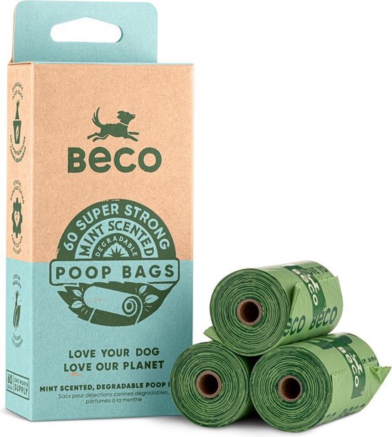 Beco Hondenpoep Zakjes met Mint Geur - 100% Recycled - Rollen van 15 zakjes - Inhoud 60, 120 of 270 stuks - 60 stuks