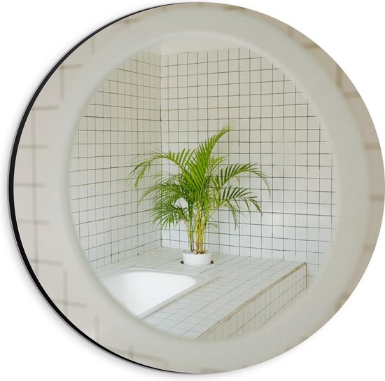 Dibond Wandcirkel - Spiegel in Badkamer met Plant - 20x20cm Foto op Aluminium Wandcirkel (met ophangsysteem)