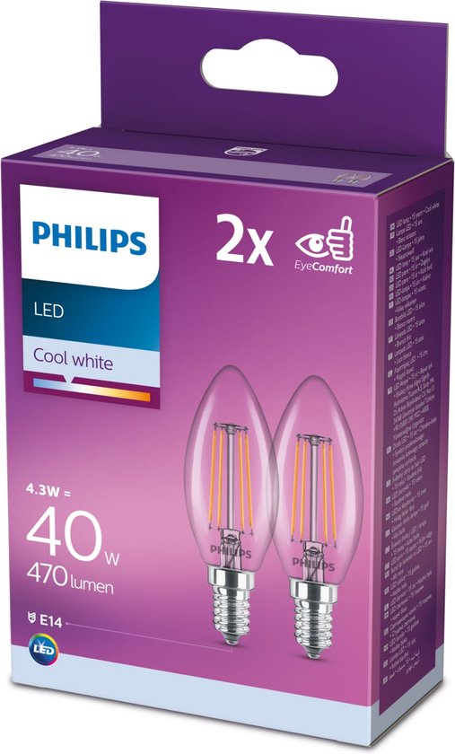 Philips LED Filament E14 - 4.3W (40W) - Koel Wit Licht - Niet Dimbaar - 2 stuks