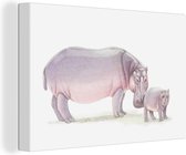 Canvas Schilderij Nijlpaard - Kalf - Waterverf - 60x40 cm - Wanddecoratie