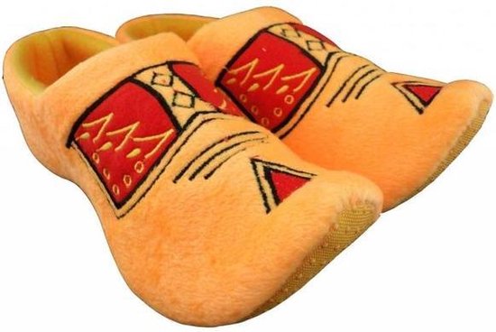 Oranje klompsloffen met rode en gele versieringen en zwarte accenten. De zolen hebben anti-slip noppen.