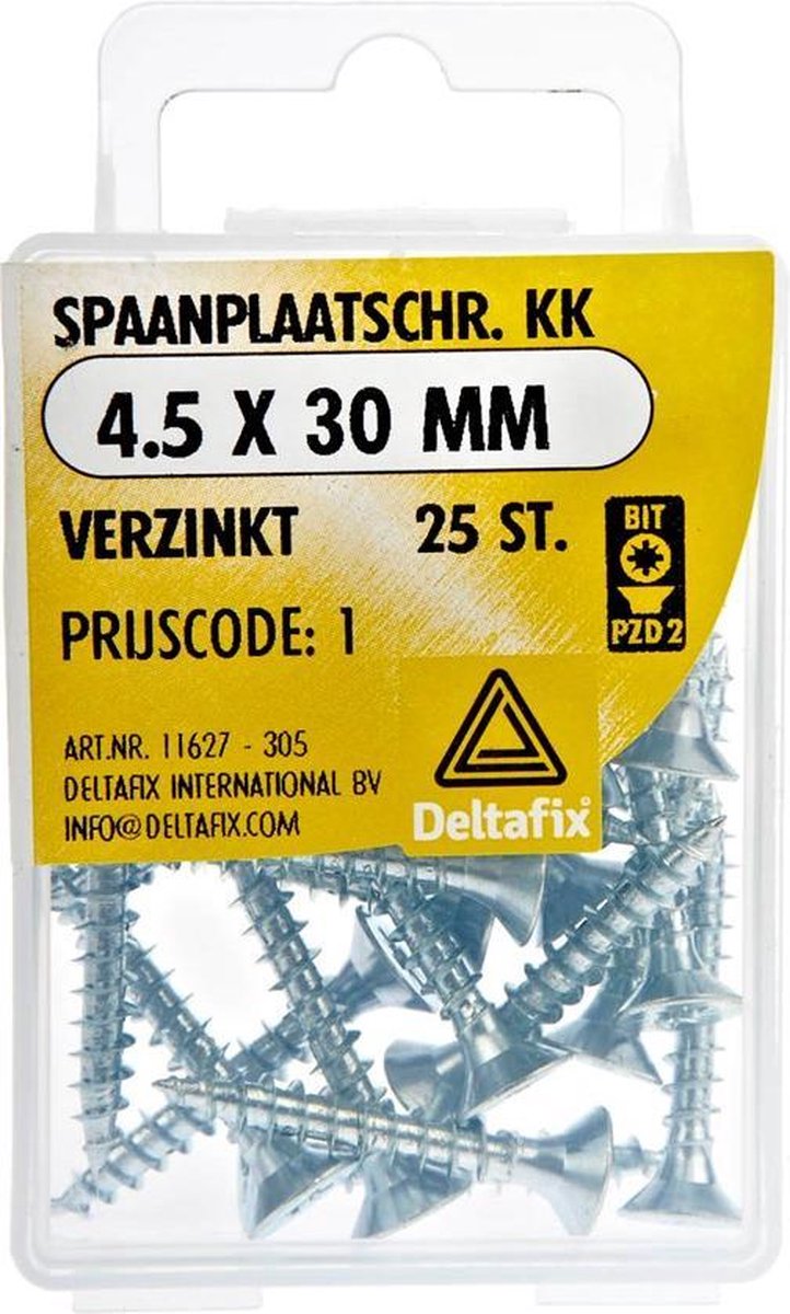 Spaanplaatschroeven Platkop. Kruiskop-Pozidrive-2. Verzinkt. 4.5x30mm. lang. 20 stuks Houtschroeven. Deltafix.