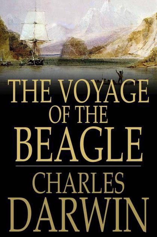 Boekcover 'The Voyage of the Beagle' van Charles Darwin met een schilderij van een zeilschip en bergachtig landschap.