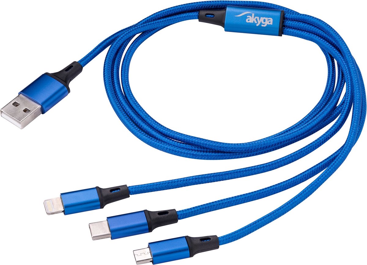 Akyga AK-USB-27 USB-kabel USB-A stekker, Apple Lightning stekker, USB-C stekker, USB-micro-A stekker 1.20 m Blauw