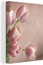 Canvas Schilderij Roze tulpen op een roze achtergrond - 60x80 cm - Wanddecoratie