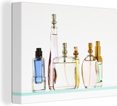 Canvas Schilderij De flesjes met parfum staan in de badkamer - 40x30 cm - Wanddecoratie