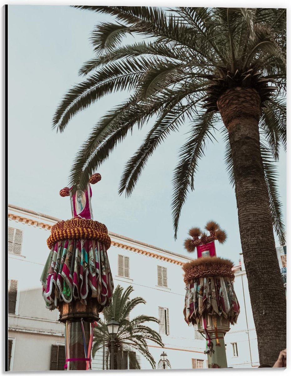 Dibond - Palmboom met Versierde Palen - 30x40cm Foto op Aluminium (Wanddecoratie van metaa