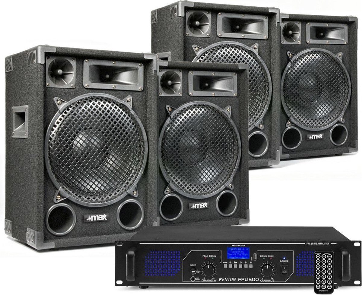 DJ geluidsinstallatie met Bluetooth - 4x MAX12 DJ luidsprekers + Bluetooth versterker combinatie - 2800W - Fenton