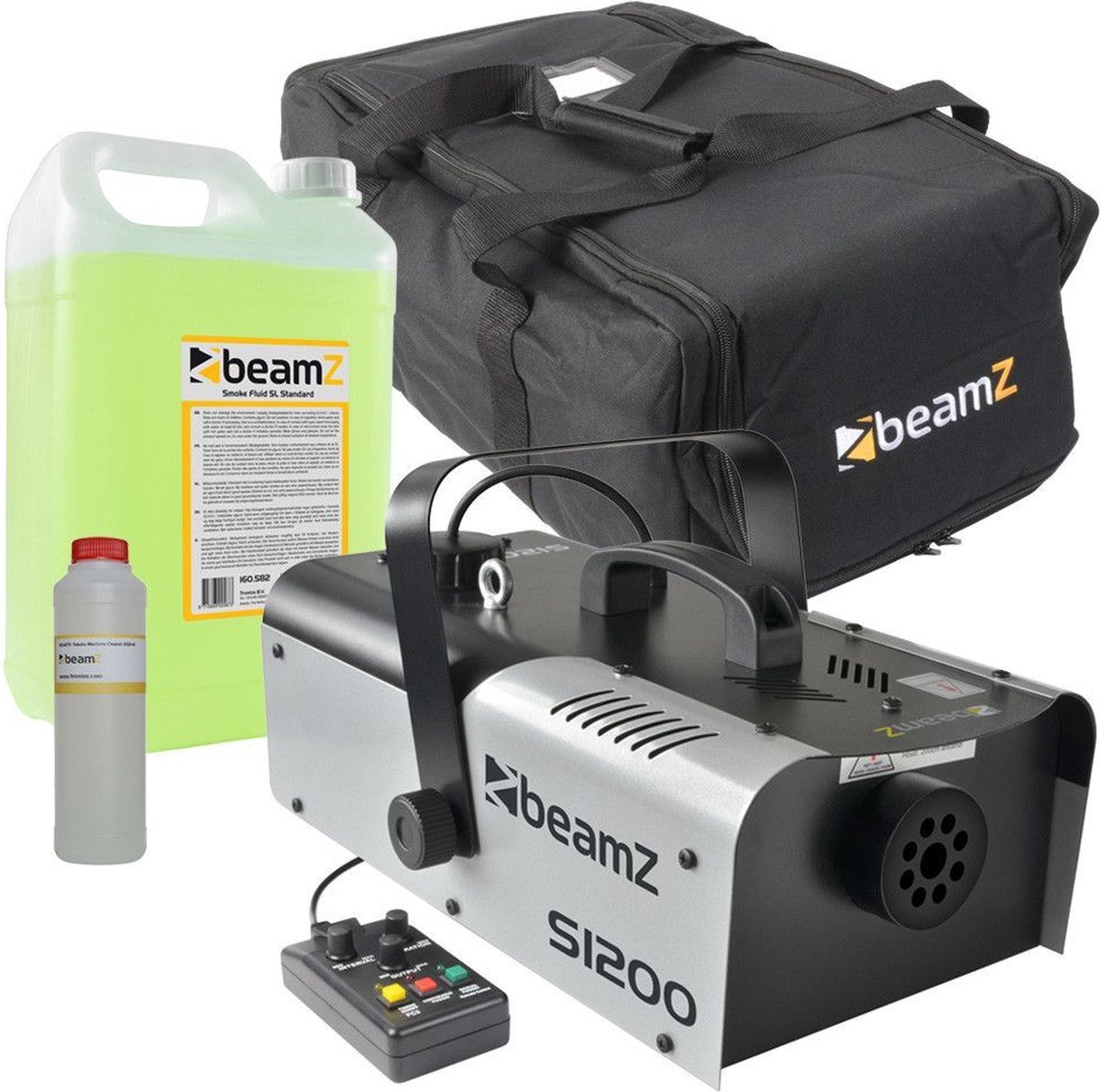 Rookmachine met rookvloeistof - BeamZ S1200 rookmachine met tas, 5 liter rookvloeistof en reinigingsvloeistof - BeamZ