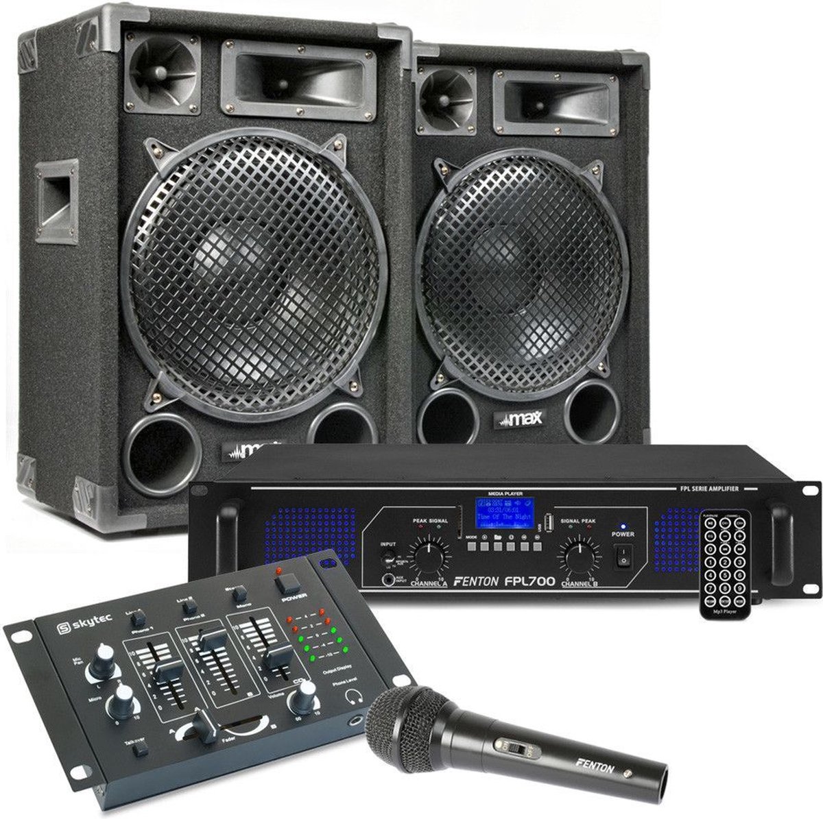 MAX12 DJ set met o.a. speakers, versterker en mixer - 1400W - MAX