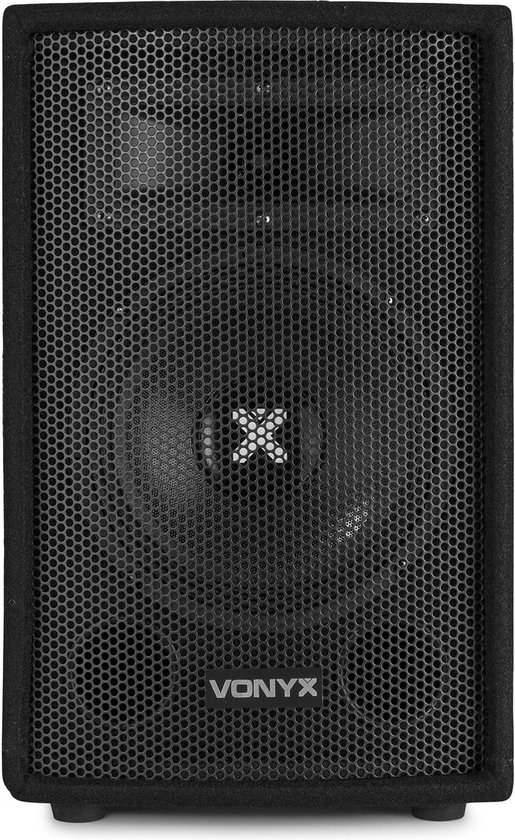 Zwarte Vonyx SL8 PA Disco Speaker, voorkant met metalen grill en Vonyx logo.