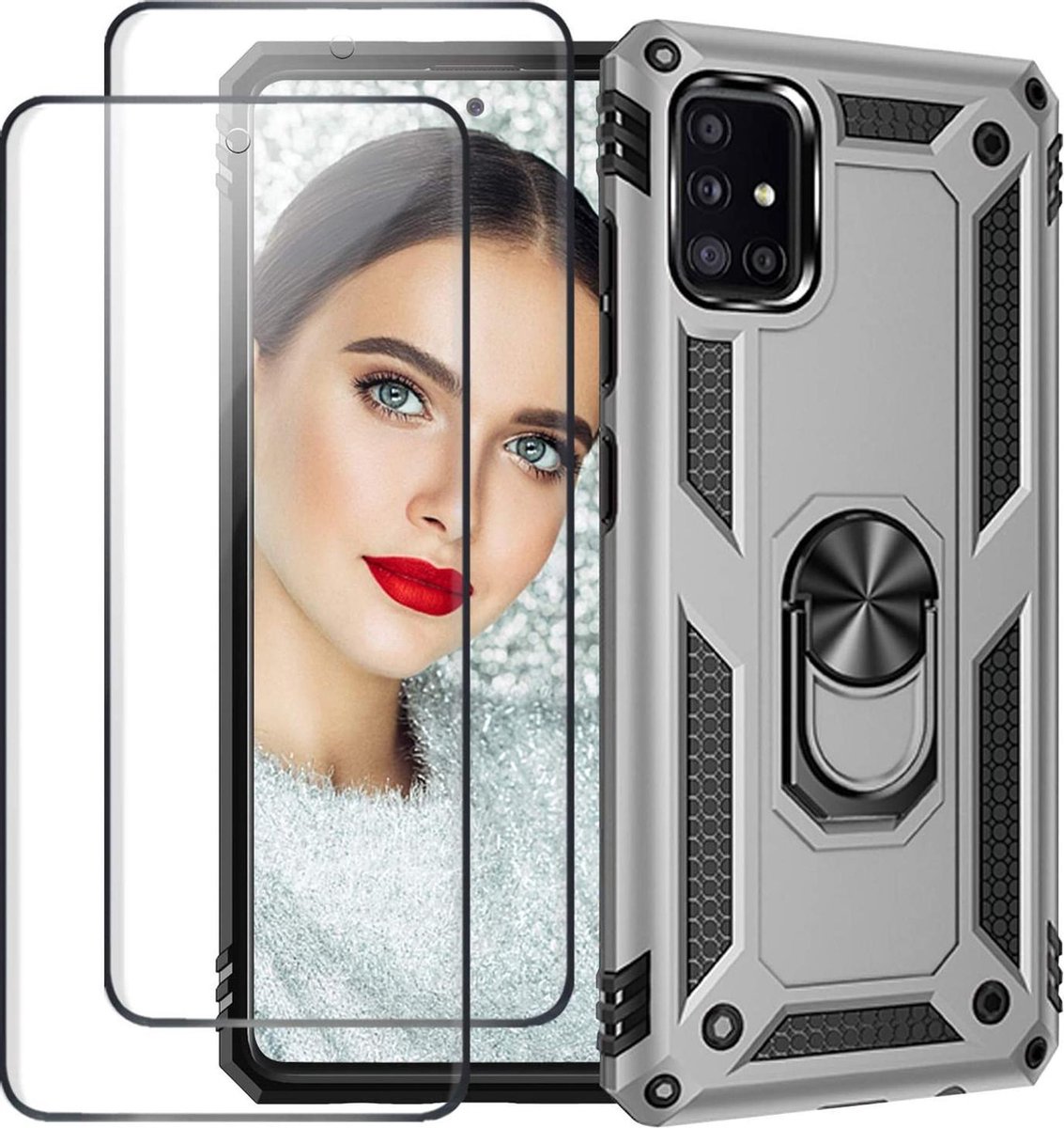Telefoonhoesje Geschikt voor: Samsung Galaxy A41 hoesje Schokbestendige ring armor met 2X volledige schermdekking Screenprotector zilver